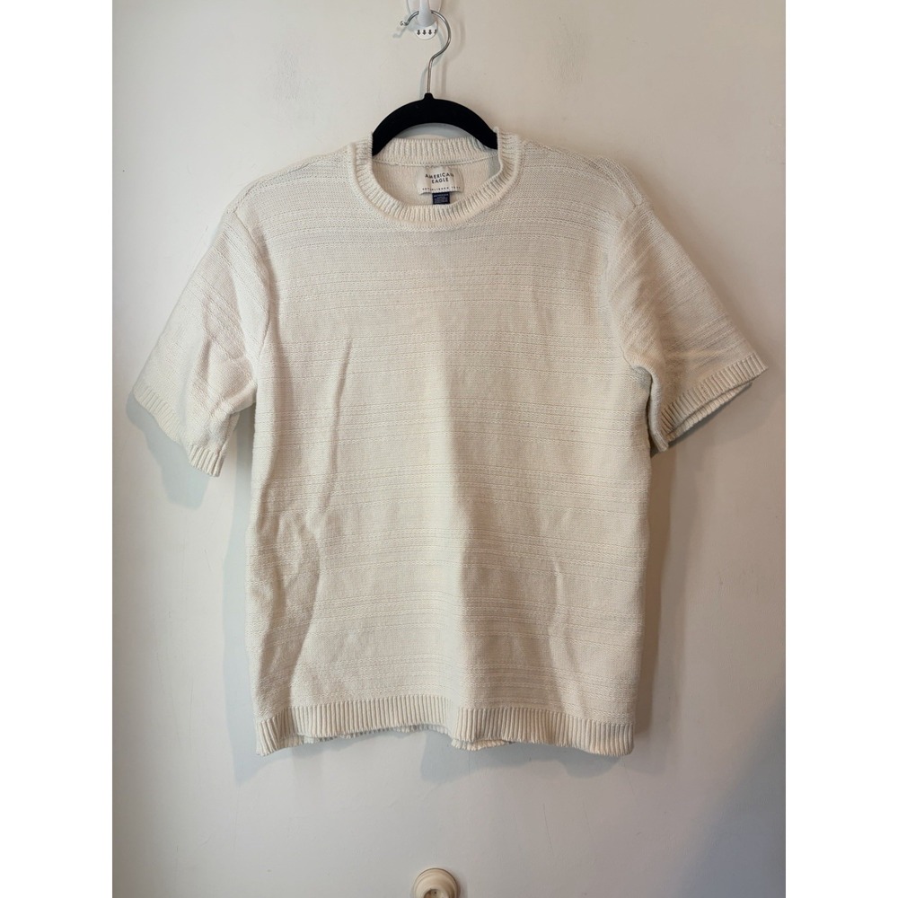 American Eagle Cream Short Sleeve Knit Sweater Mens XS 100%‎ Cotton Crew Neck